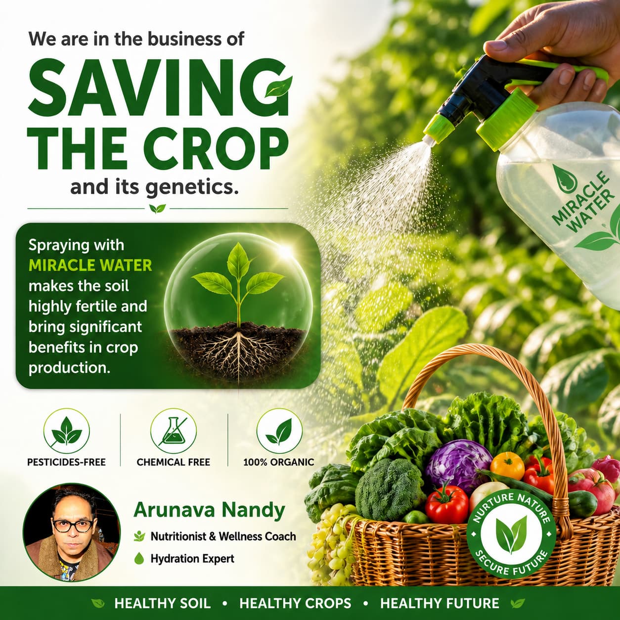 Healthy crop and miracle water poster